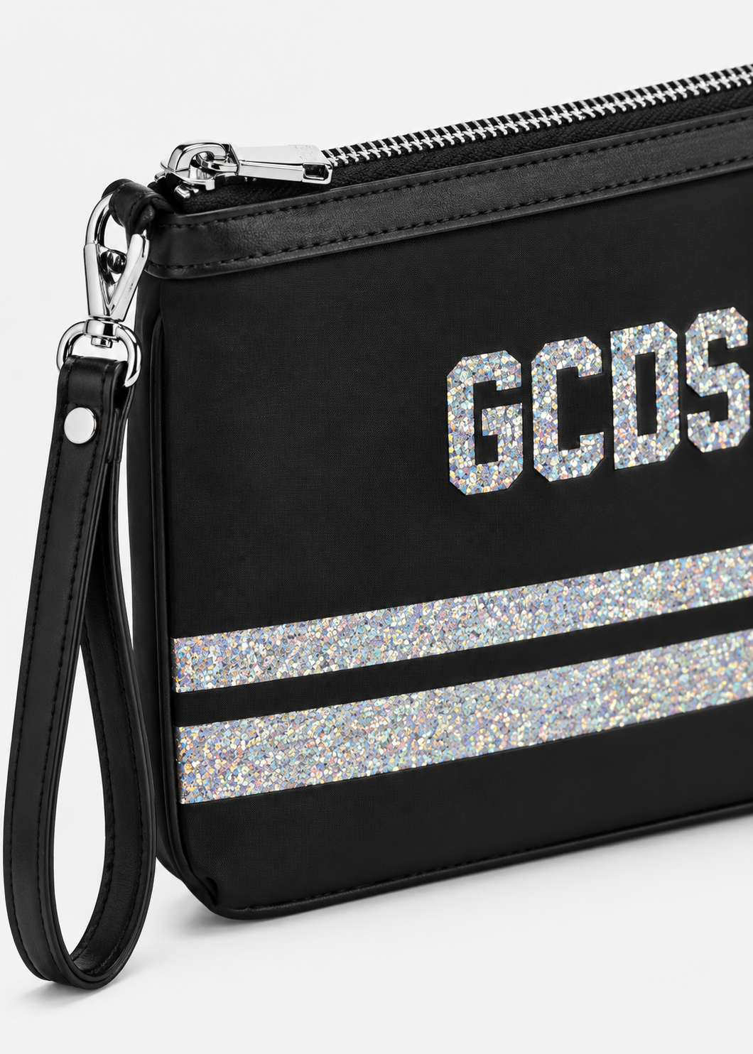 GCDS Pochette Nera Argento Bambina Maxi Logo Glitter AI26C2GJQW719T356