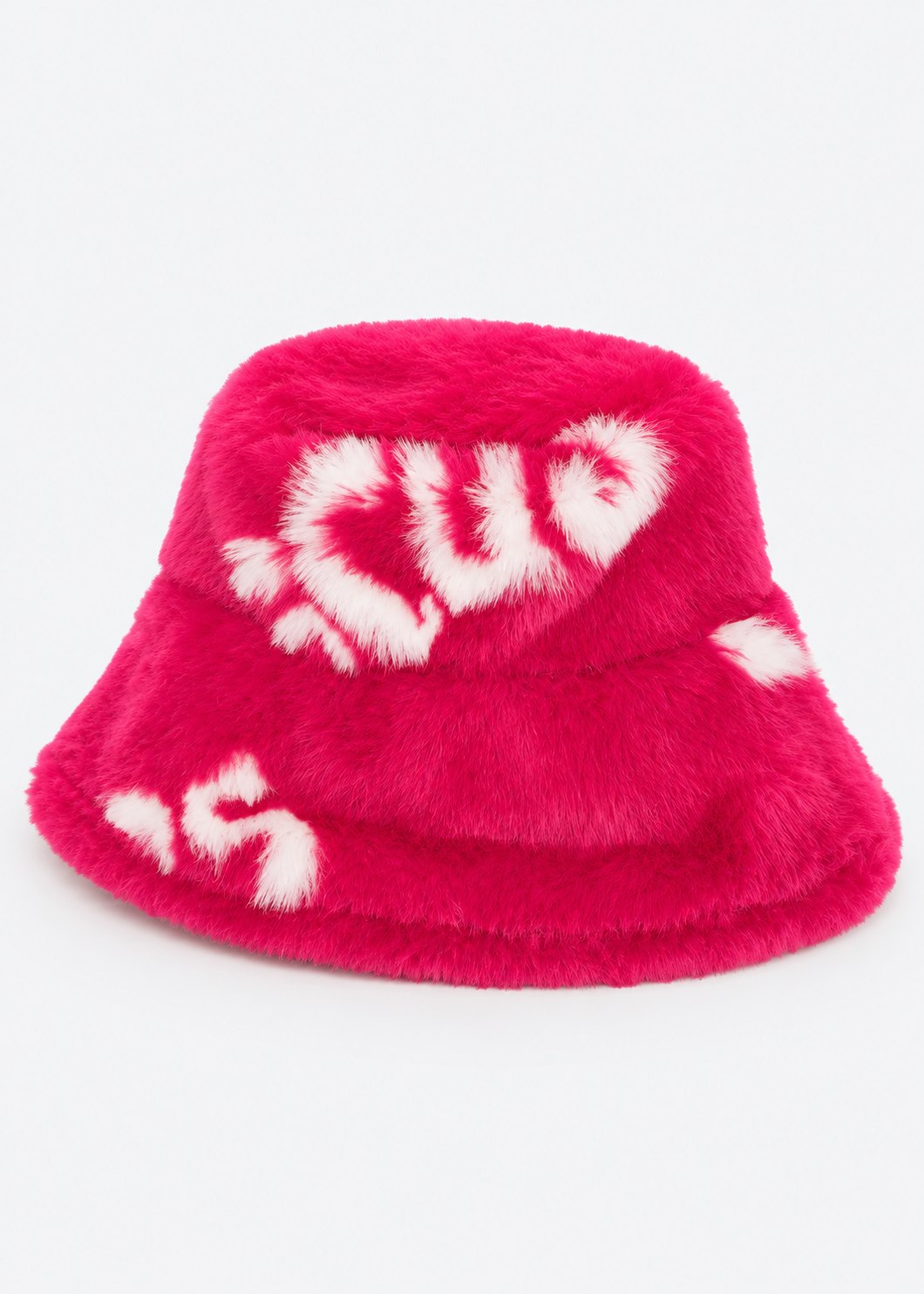 GCDS Cappello Pescatore Fucsia Bambina Effetto Pelliccia Logo All Over