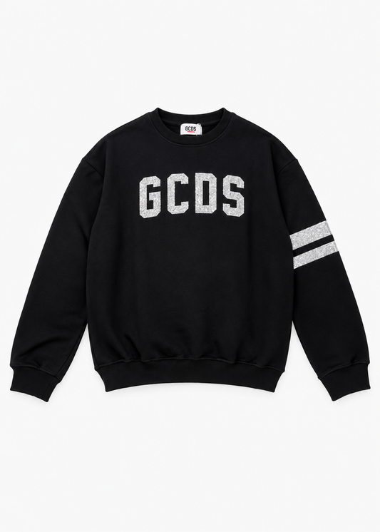 GCDS Felpa Nera e Argento Bambina in Cotone con Maxi Logo AI26Z0GJQE591F004