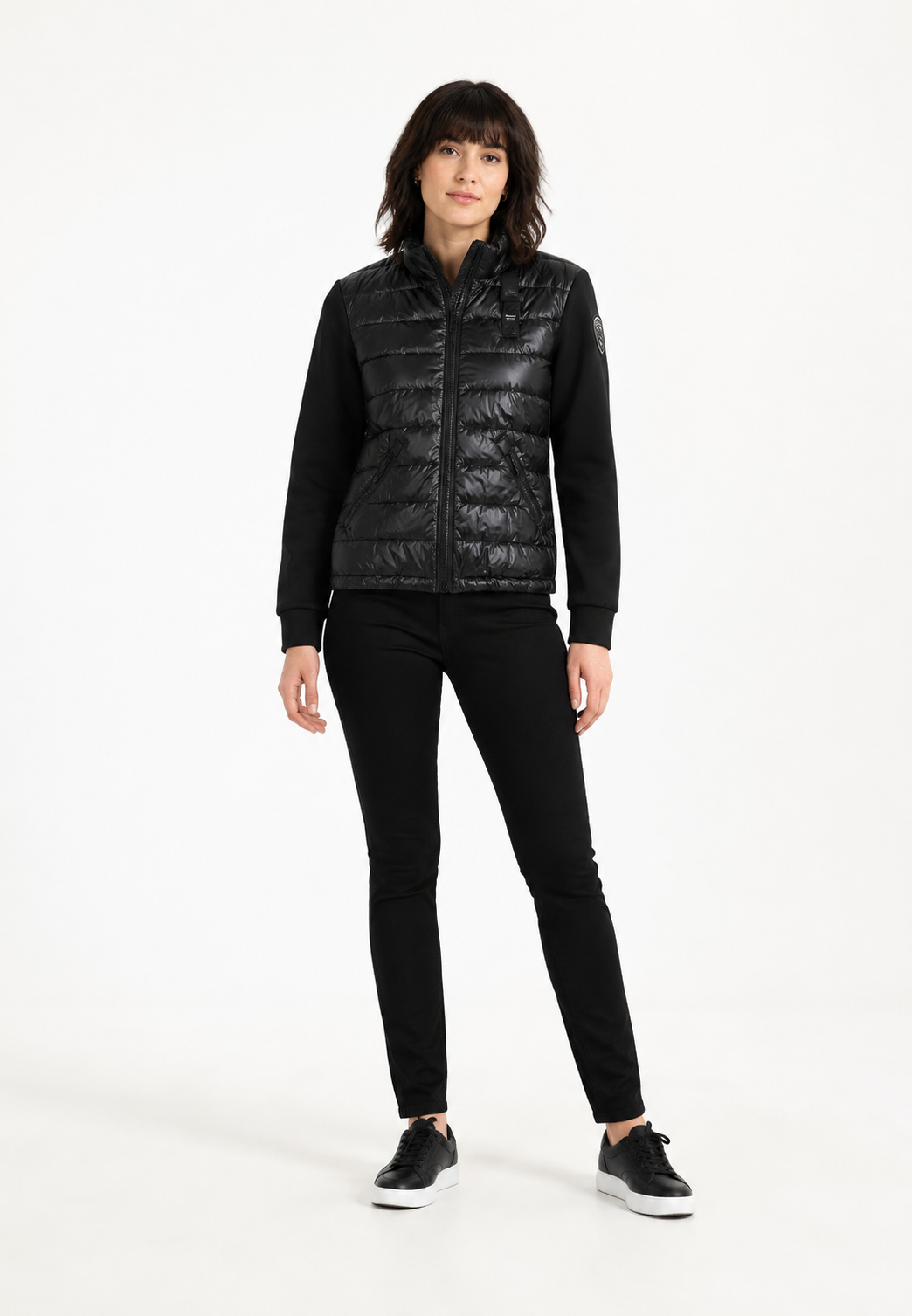 Blauer giubbotto donna haskel nero con maniche scuba e patch logata con strass Donna