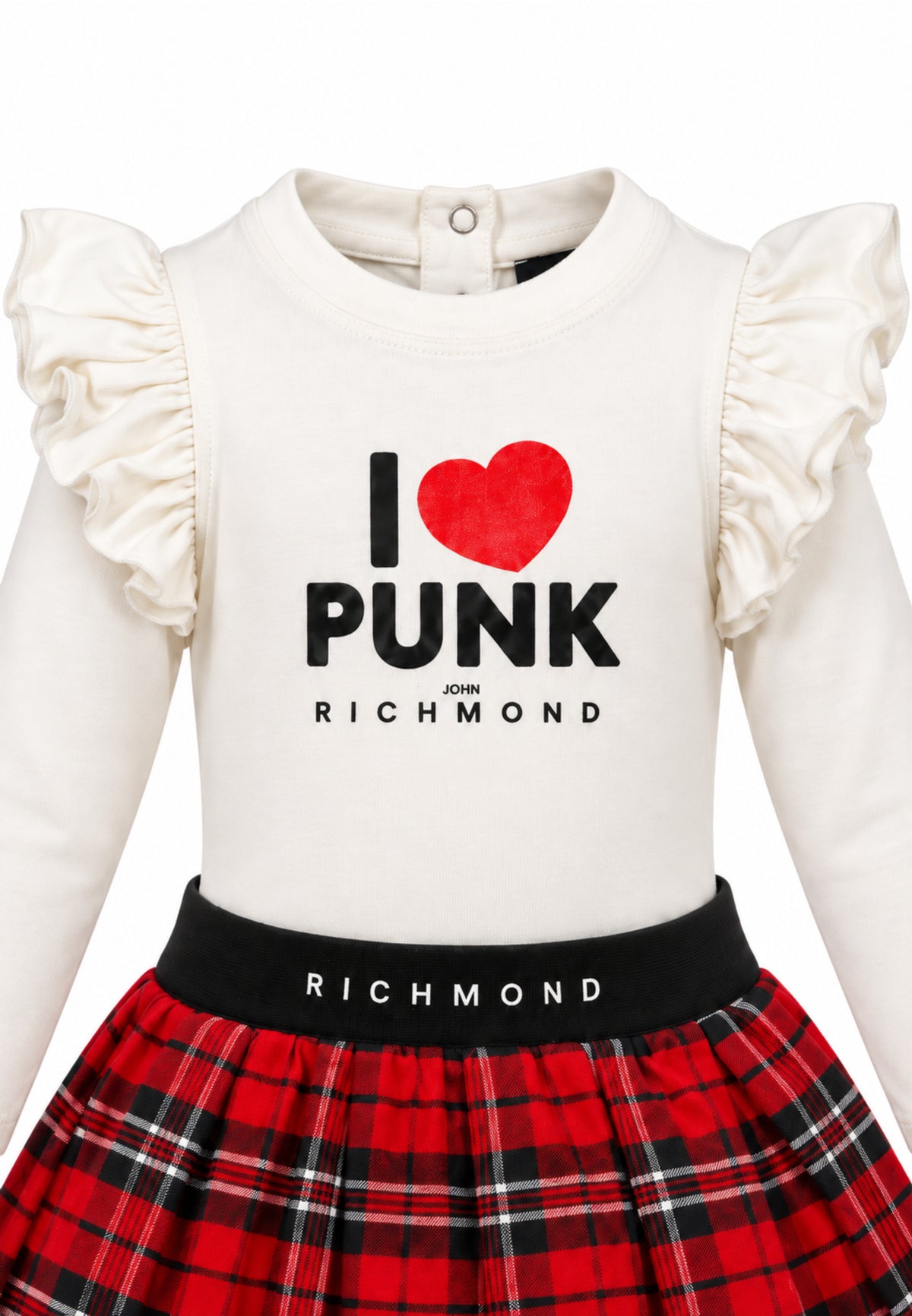 John Richmond COMPLETO CON BODY E GONNA ROSSA A PIEGHE IN TARTAN Bambine e ragazze RIA26139BD+RIA26079GO.PANNA_