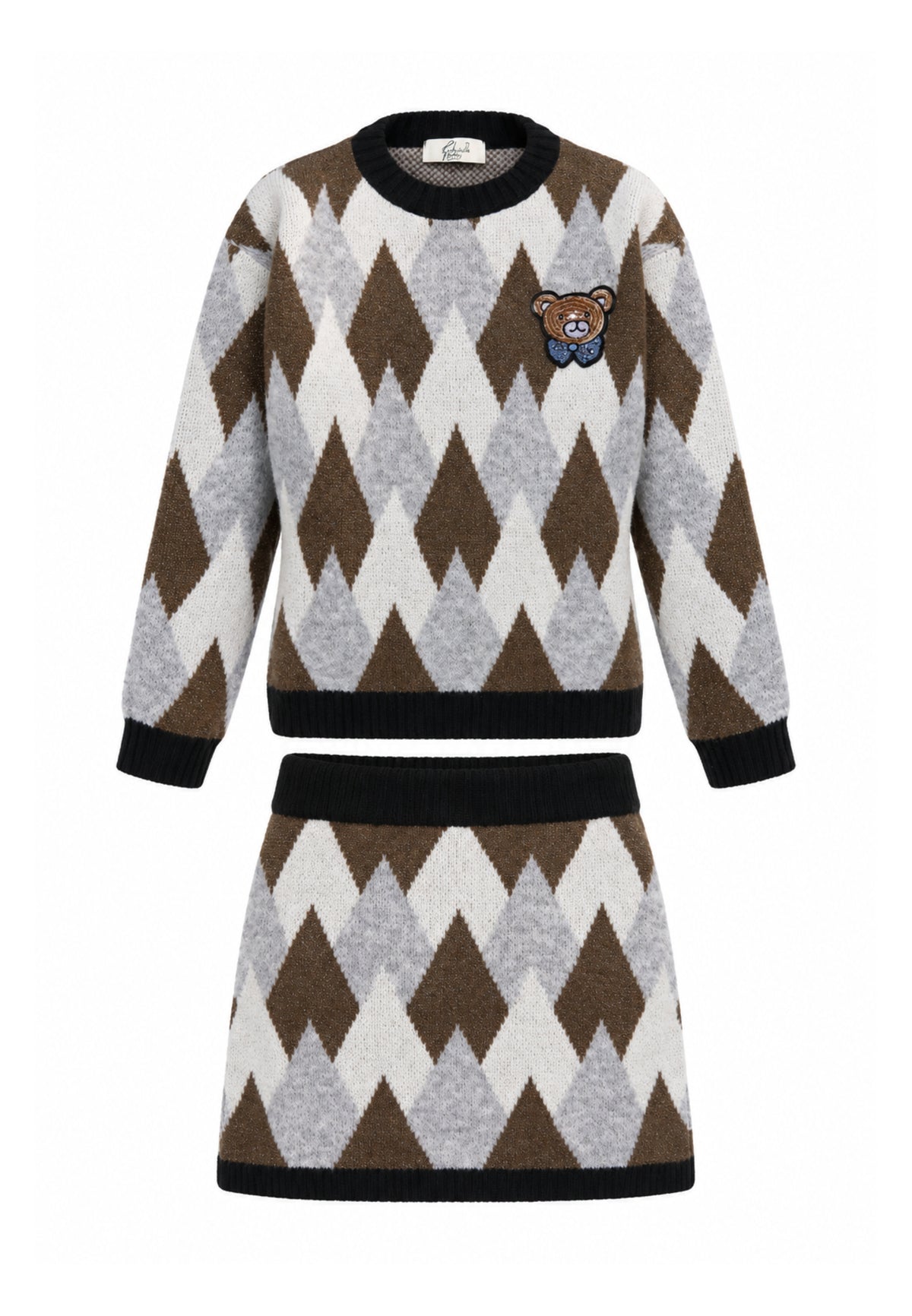 Gabriella Gucci COMPLETO MARRONE A QUADRI IN MAGLIA CON ORSETTO PATCH Bambine e ragazze GK311+GK312.MARRO_