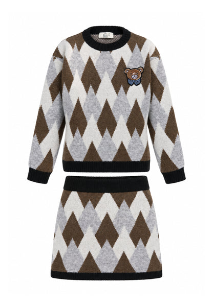 Gabriella Gucci COMPLETO MARRONE A QUADRI IN MAGLIA CON ORSETTO PATCH Bambine e ragazze GK311+GK312.MARRO_