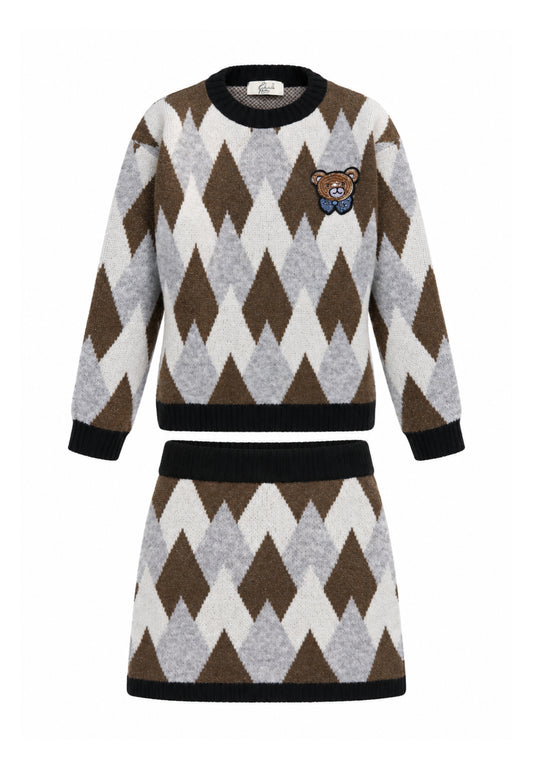 Gabriella Gucci COMPLETO MARRONE A QUADRI IN MAGLIA CON ORSETTO PATCH Bambine e ragazze GK311+GK312.MARRO_