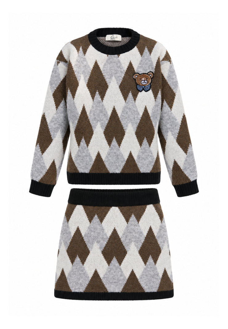 Gabriella Gucci COMPLETO MARRONE A QUADRI IN MAGLIA CON ORSETTO PATCH Bambine e ragazze GK311+GK312.MARRO_