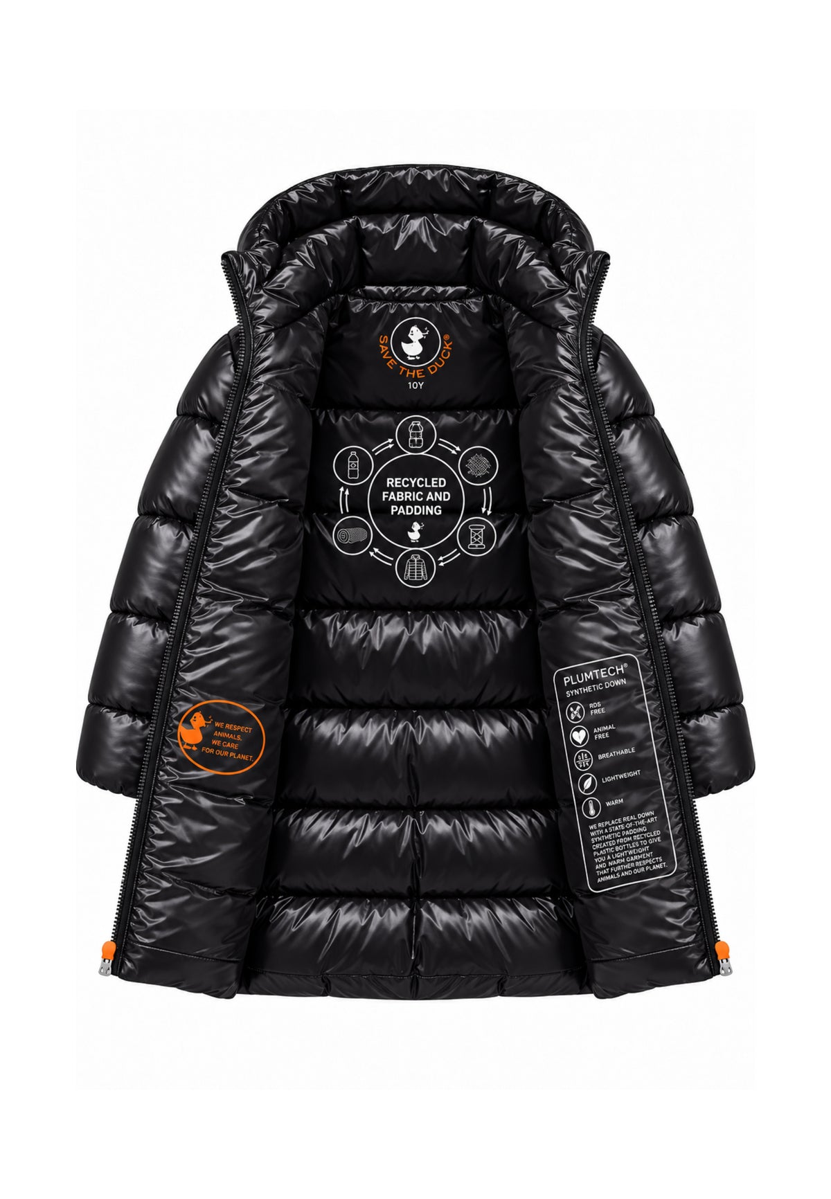 Save the Duck GIUBBOTTO NERO LUNGO LUCIDO CON CAPPUCCIO Bambine e ragazze 05-J45510G.NE_