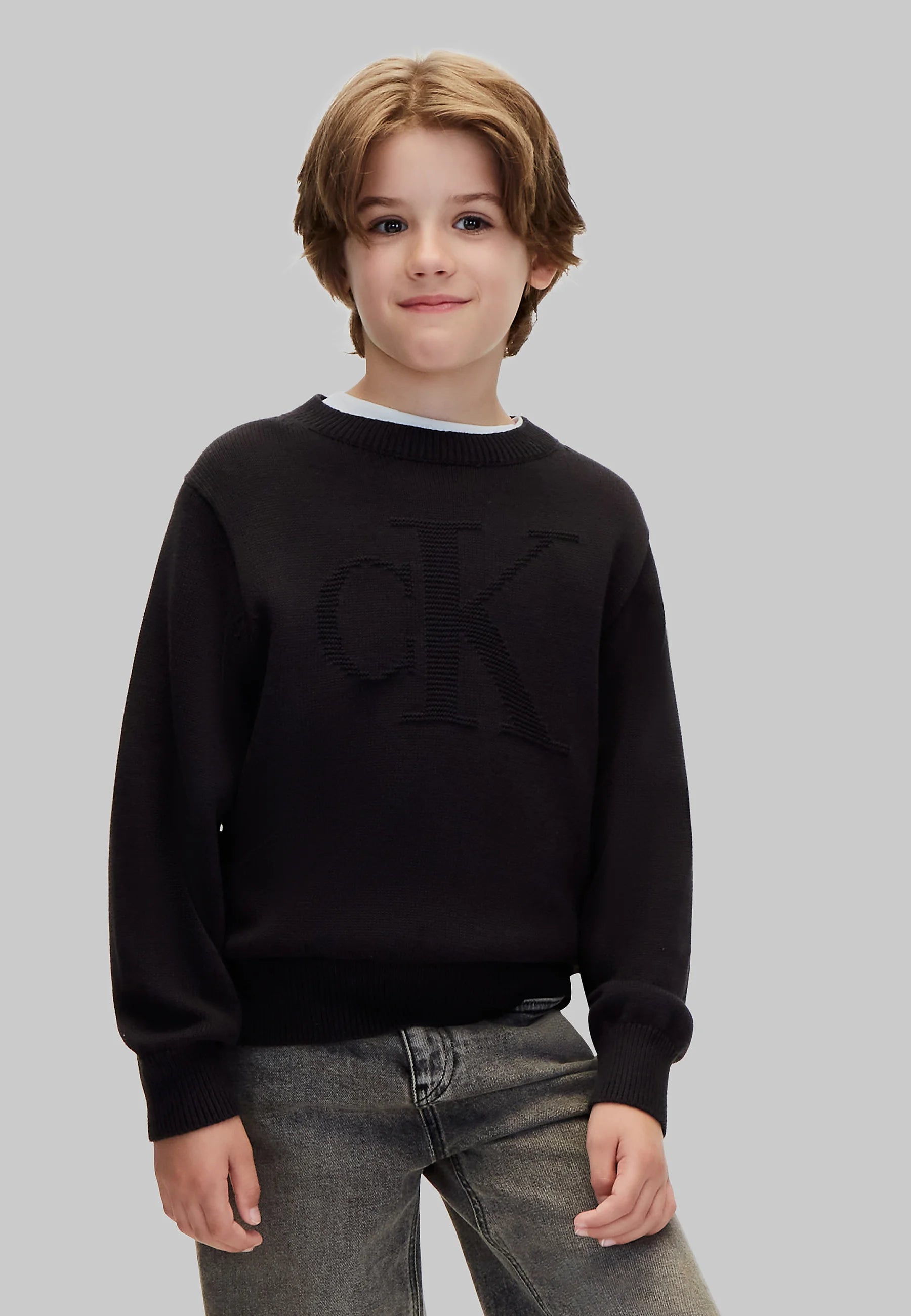 CALVIN KLEIN maglioncino NERO CON LOGO CK TONO SU TONO Bambini e ragazzi lvckfjf048bbeh.ne_