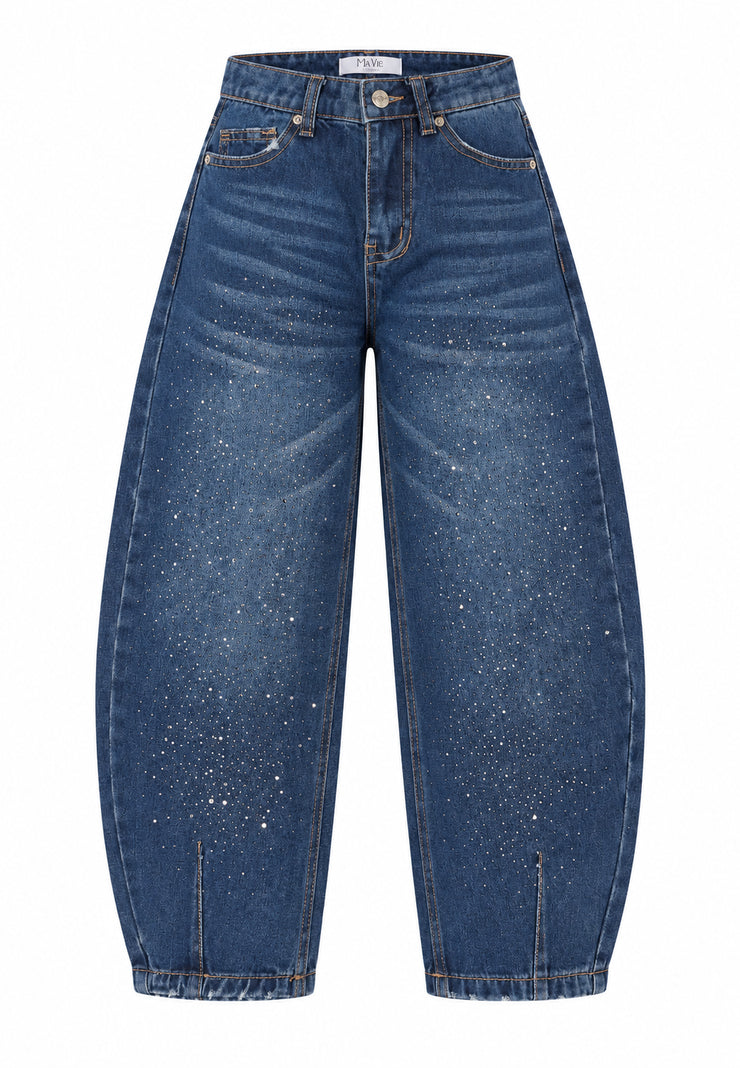 MA VIE PARIS PANTALONE blu denim con brillantini baloon fit Bambine e ragazze MV2442.DENIM_