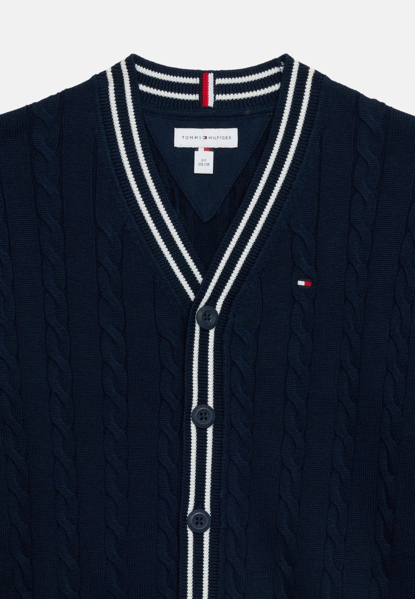 TOMMY HILFIGER CARDIGAN BLU CON SCOLLO A V E DETTAGLI BIANCHI Bambini e ragazzi KB0KB10491C1G_