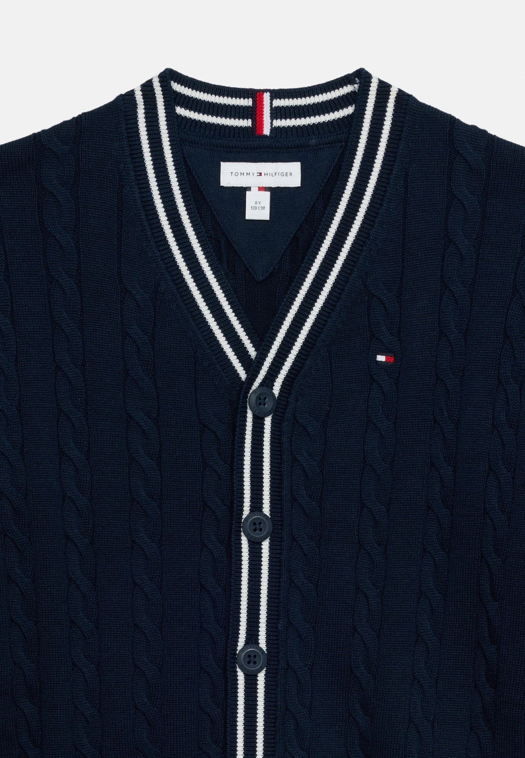 TOMMY HILFIGER CARDIGAN BLU CON SCOLLO A V E DETTAGLI BIANCHI Bambini e ragazzi KB0KB10491C1G_