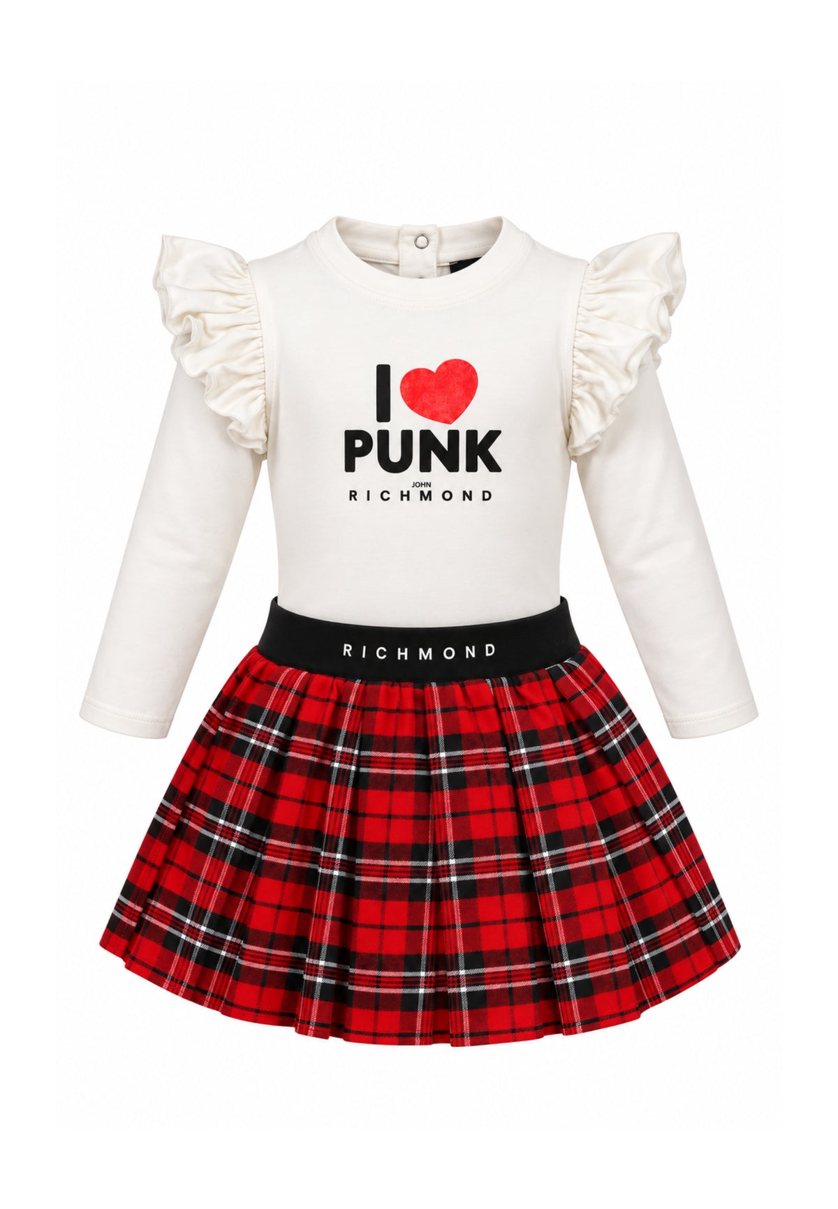 John Richmond COMPLETO CON BODY E GONNA ROSSA A PIEGHE IN TARTAN Bambine e ragazze RIA26139BD+RIA26079GO.PANNA_