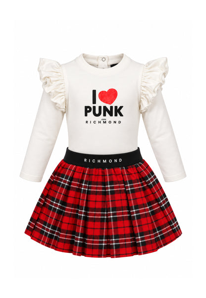 John Richmond COMPLETO CON BODY E GONNA ROSSA A PIEGHE IN TARTAN Bambine e ragazze RIA26139BD+RIA26079GO.PANNA_