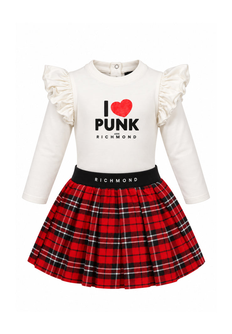 John Richmond COMPLETO CON BODY E GONNA ROSSA A PIEGHE IN TARTAN Bambine e ragazze RIA26139BD+RIA26079GO.PANNA_