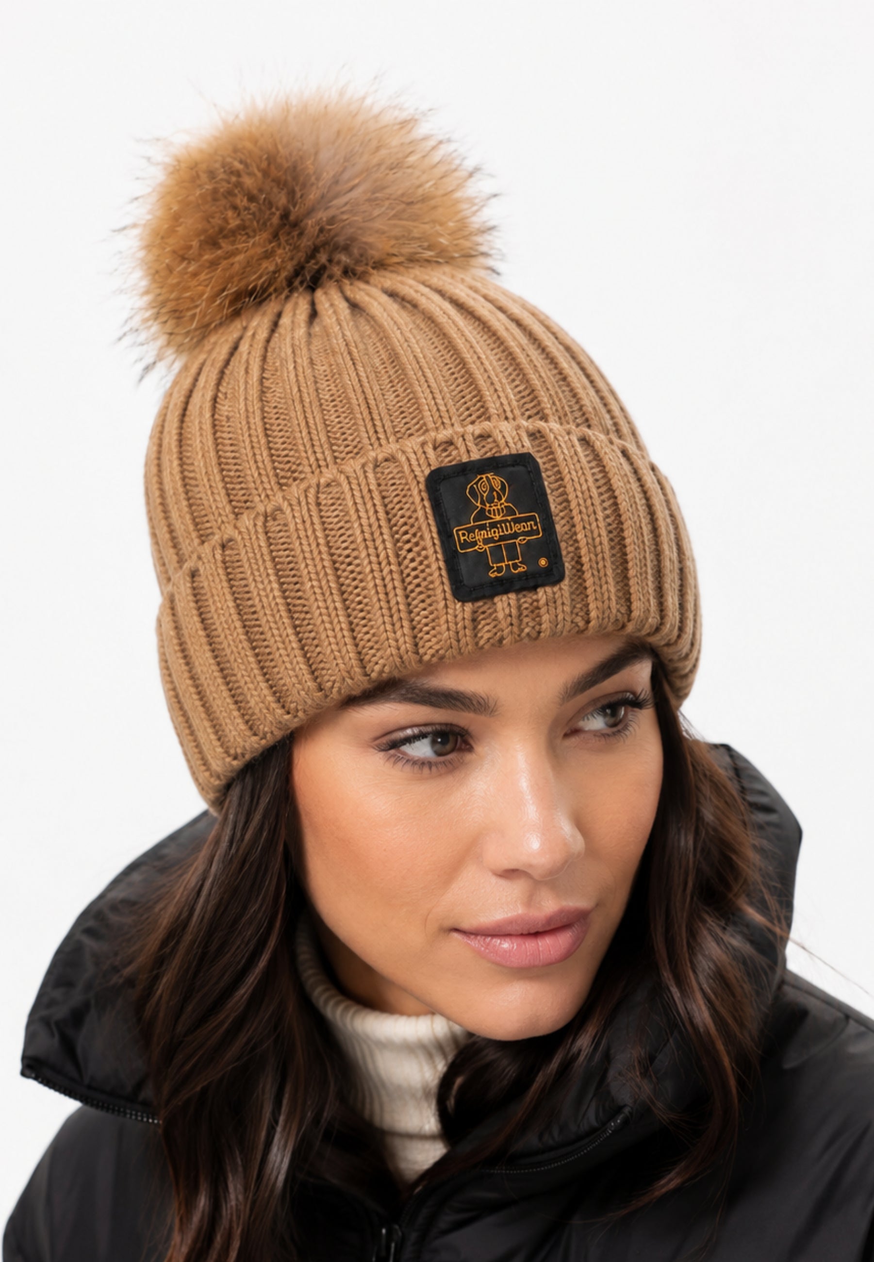 REFRIGIWEAR CAPPELLO BEIGE IN LANA CON POMPOM E LOGO Donna snowflake hat.beige_