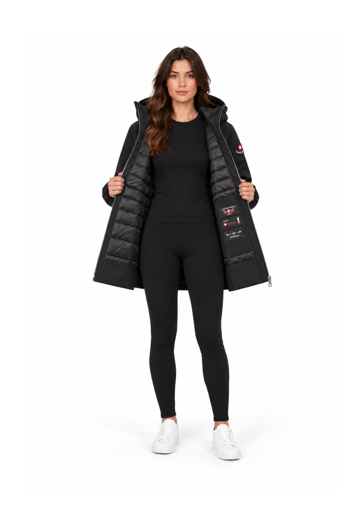 Canadiens Giubbotto nero imbottito lunghezza coscia con cappuccio Donna shari long/w.ne