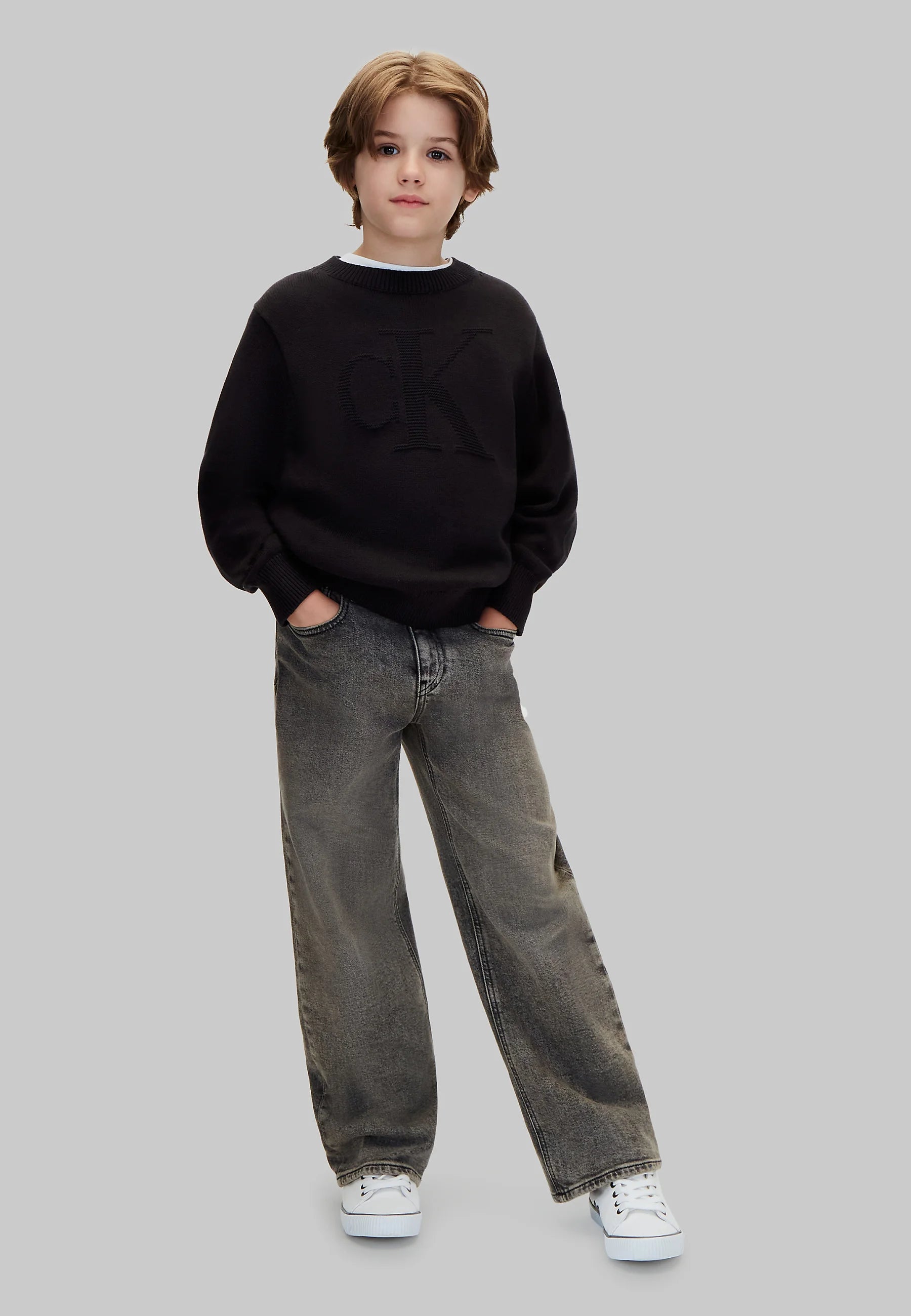 CALVIN KLEIN maglioncino NERO CON LOGO CK TONO SU TONO Bambini e ragazzi lvckfjf048bbeh.ne_