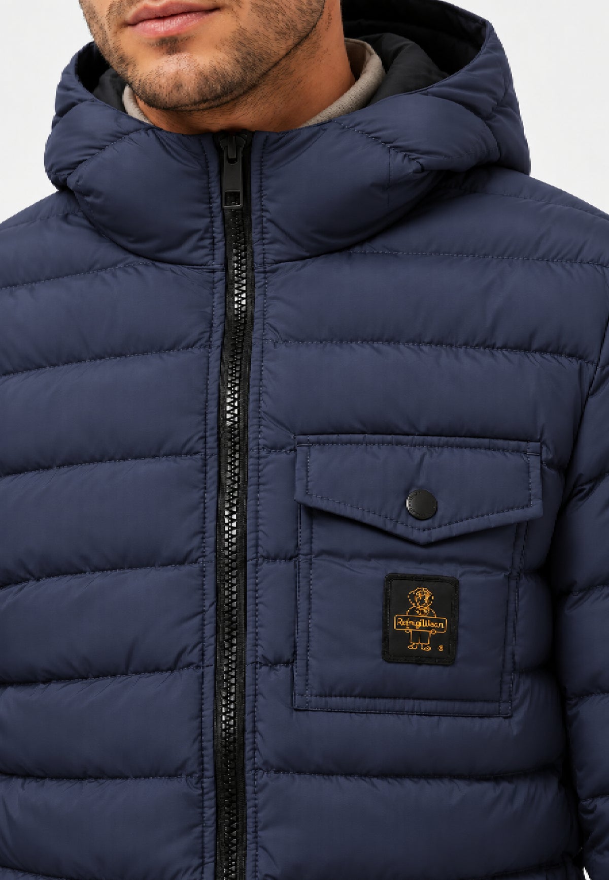 REFRIGIWEAR Giubbotto blu con cappuccio e logo applicato Uomo HUNTER JACKET.BLU_