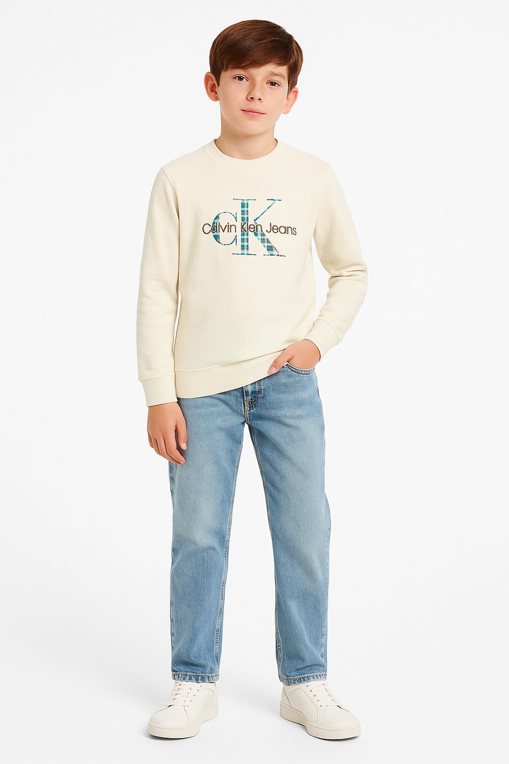 Calvin Klein t-Shirt Panna Bambino In Cotone Girocollo Sportivo AI25