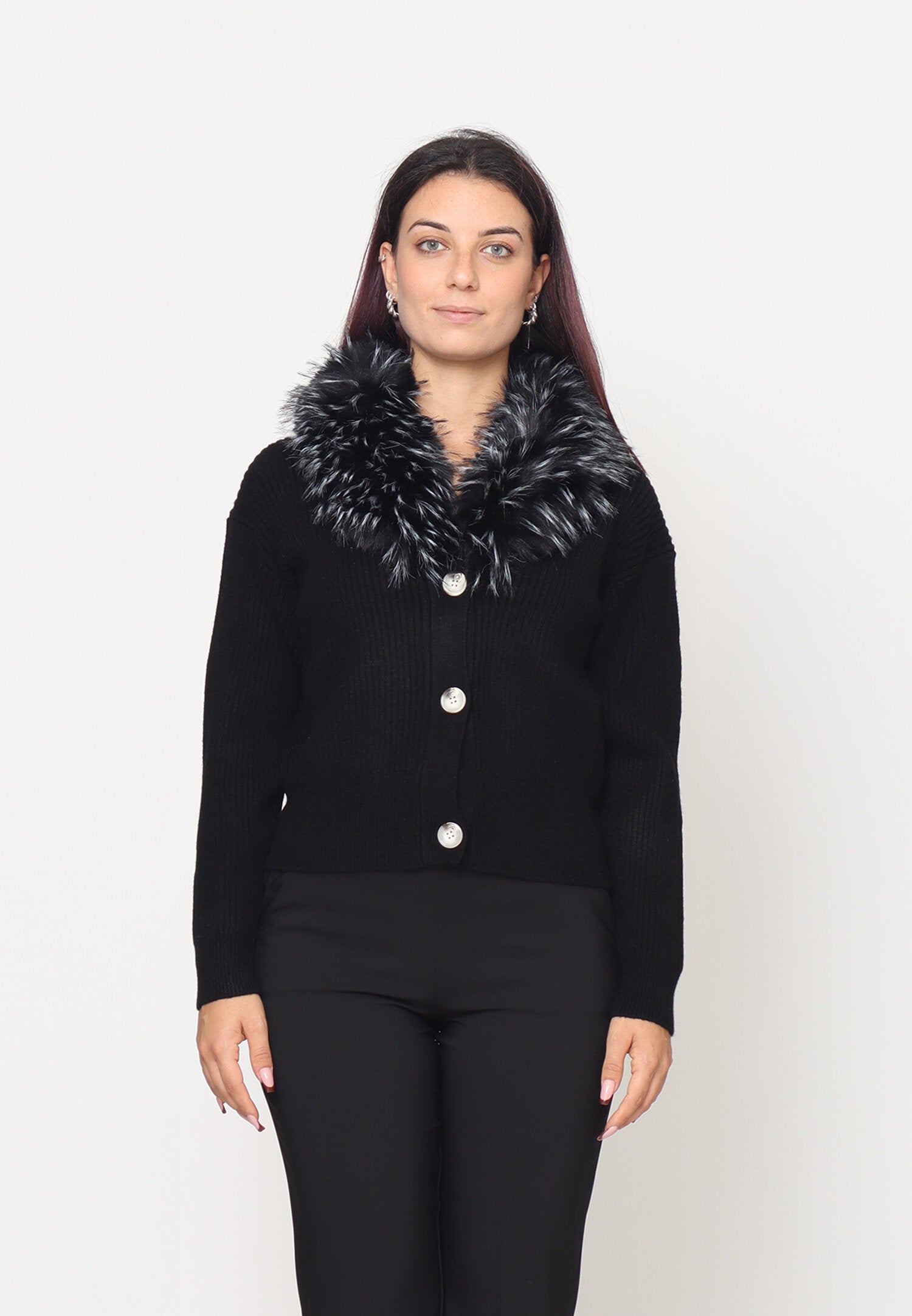 Monte Cervino Cardigan Nero Donna Con Pelliccia Elegante AI25