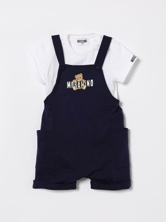 Moschino set infant salopette e tshirt blu e bianco con logo Bambino
