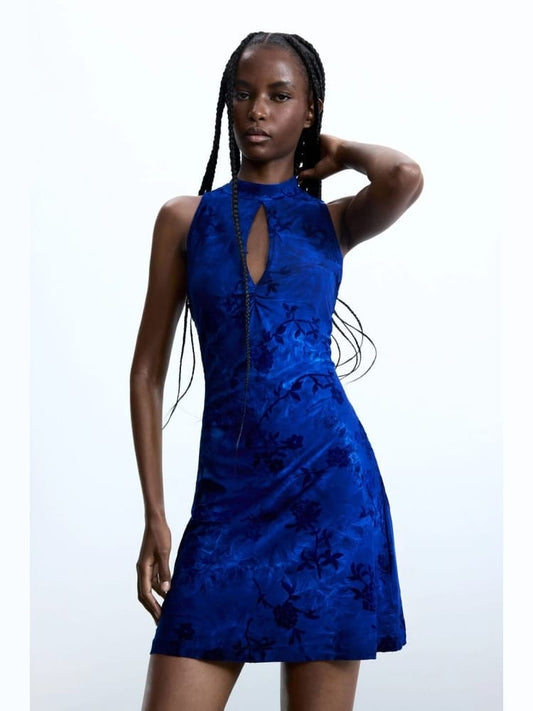 Desigual abito midi california azzurro con scollo goccia e ricami floccati