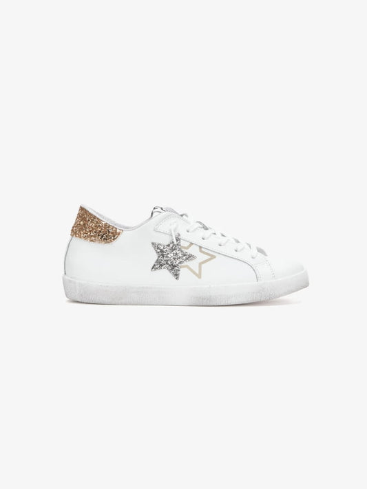 2star sneakers donna low pelle in bianca e dettagli glitter argento e oro