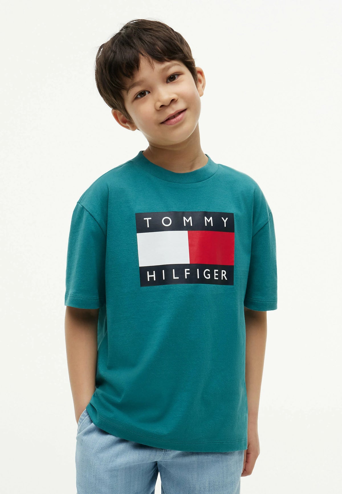TOMMY HILFIGER TSHIRT VERDE CHIARO LOGO BANDIERA MANICHE CORTE Bambini e ragazzi KB0KB10340CT3_