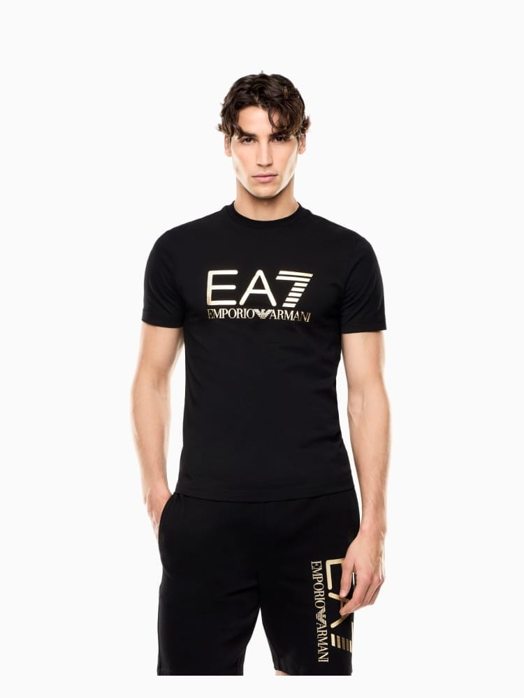 Emporio Armani t-shirt core identity in jersey di cotone nero con logo frontale oro