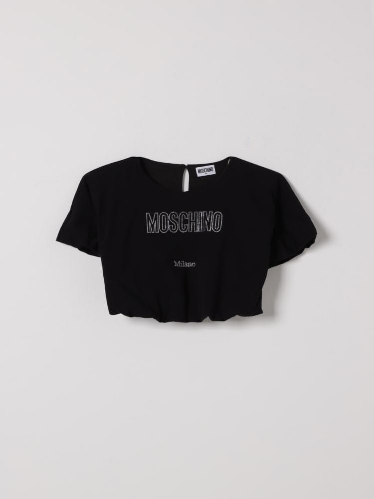 Moschino t-shirt top kids/junior crop in cotone nero con logo di strass Bambina