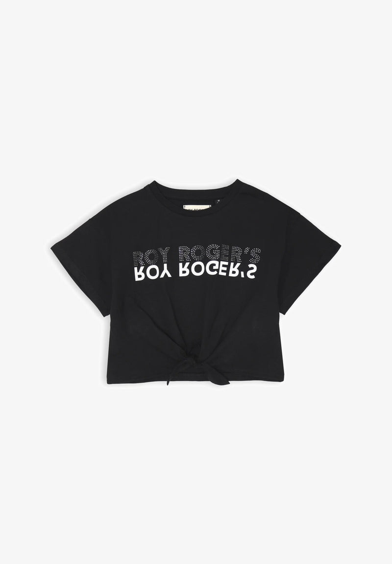 Roy Rogers - T-shirt nera bambina corta con nodo e logo strass - P/E 2025 - NERO | CammarataMode
