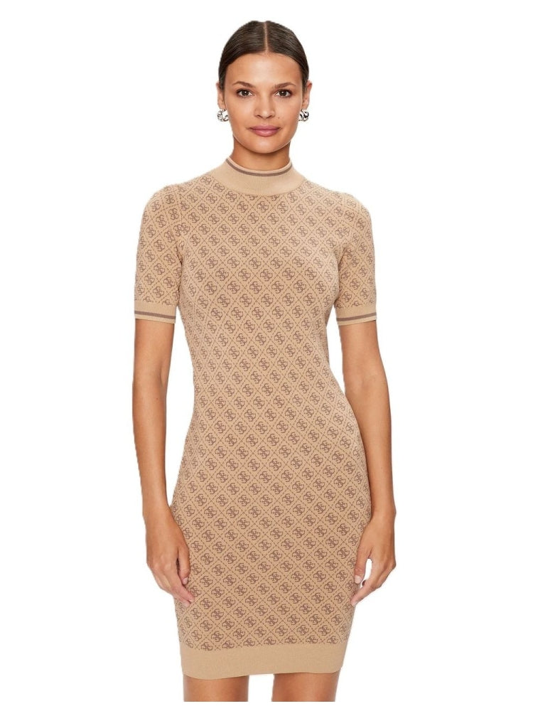 Guess abito beige donna in misto viscosa logo all over dettaglio logo