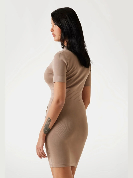 Guess abito beige scuro donna in misto viscosa bottoni oro con logo