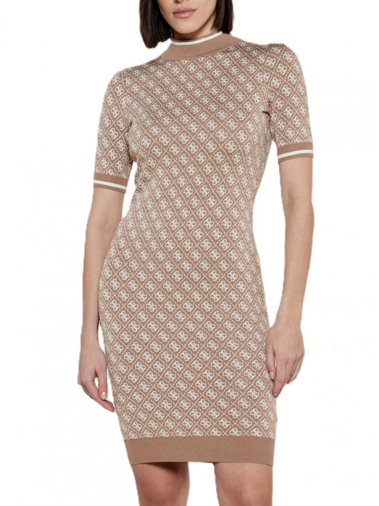 Guess abito beige scuro donna in misto viscosa logo all over dettaglio logo