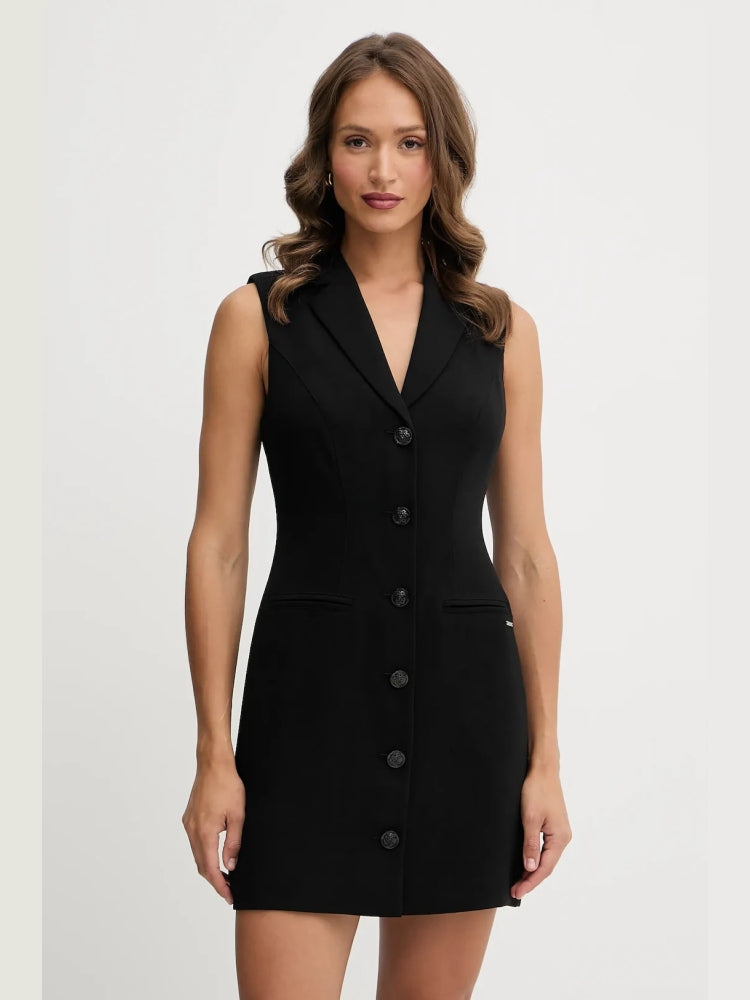 Guess abito nero donna smanicato bottoni con logo