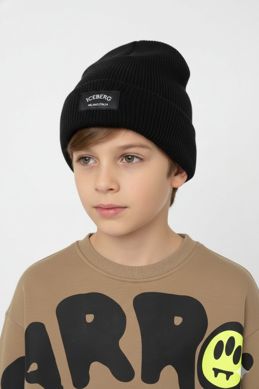 Iceberg Cappello Nero Bambino In Cotone Cuffia Uso Quotidiano AI25