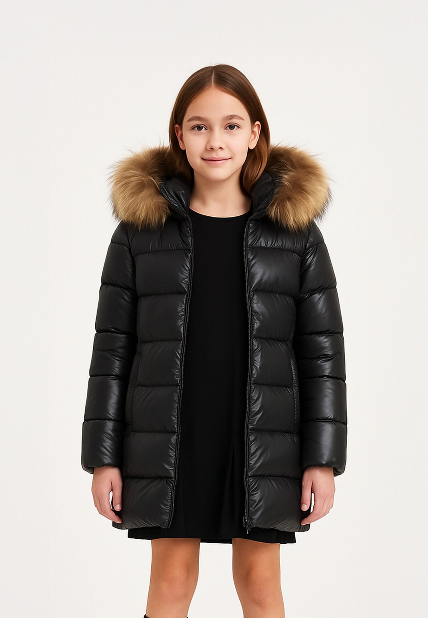 Canadiens Piumino Nero Bambina In Nylon Con Pelliccia Stile Elegante AI25