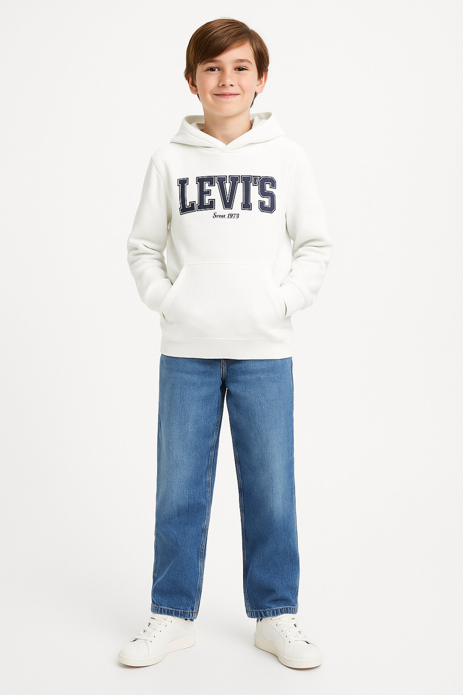 Levi's Felpa Bianca Bambino College In Cotone Con Cappuccio Scuola AI25