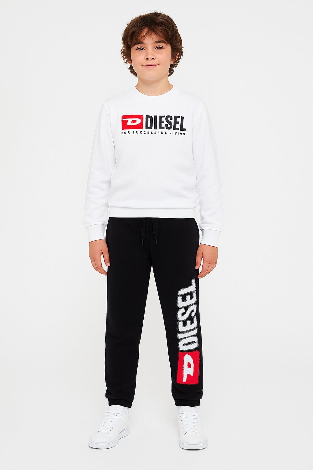 Diesel felpa bambino ragazzo bianca girocollo cotone logo rosso