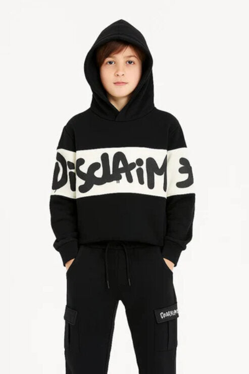 Disclaimer felpa con cappuccio bambino nera banda panna cotone inverno logo nero