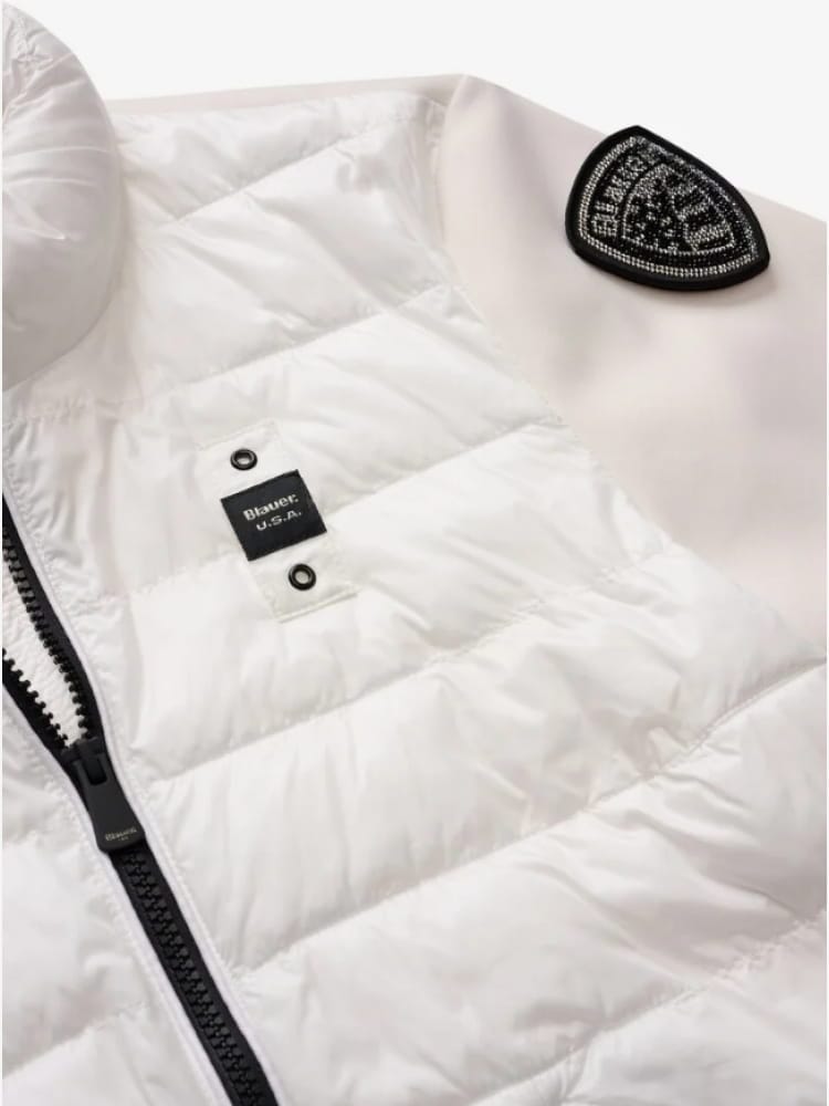 Blauer giubbotto donna haskel bianco con maniche scuba e patch logata con strass Donna