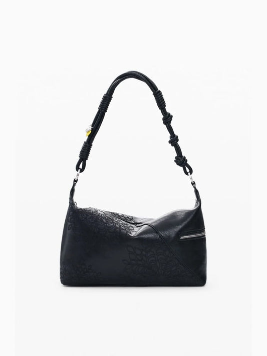 Desigual borsa a spalla con tracolla sierra in ecopelle nera ricamata
