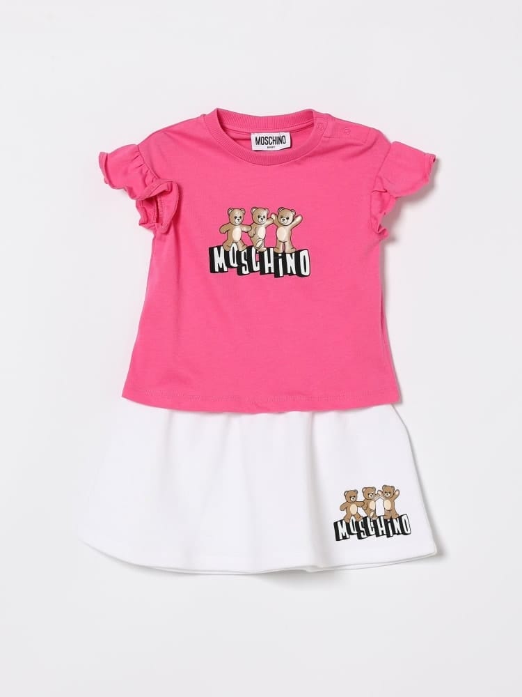 Moschino set infant t-shirt e gonna fucsia e bianco con stampa teddy Bambina