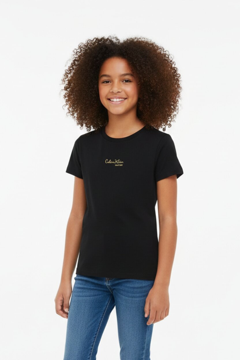 Calvin Klein Tshirt Nera Bambina In Jersey Maniche Corte Scuola PE26
