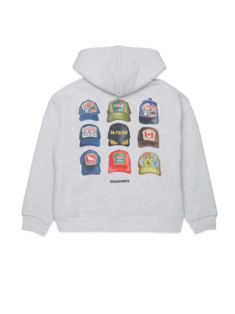 Dsquared felpa kids/junior con zip e cappuccio in cotone grigio con stampa cappelli sul retro Bambino