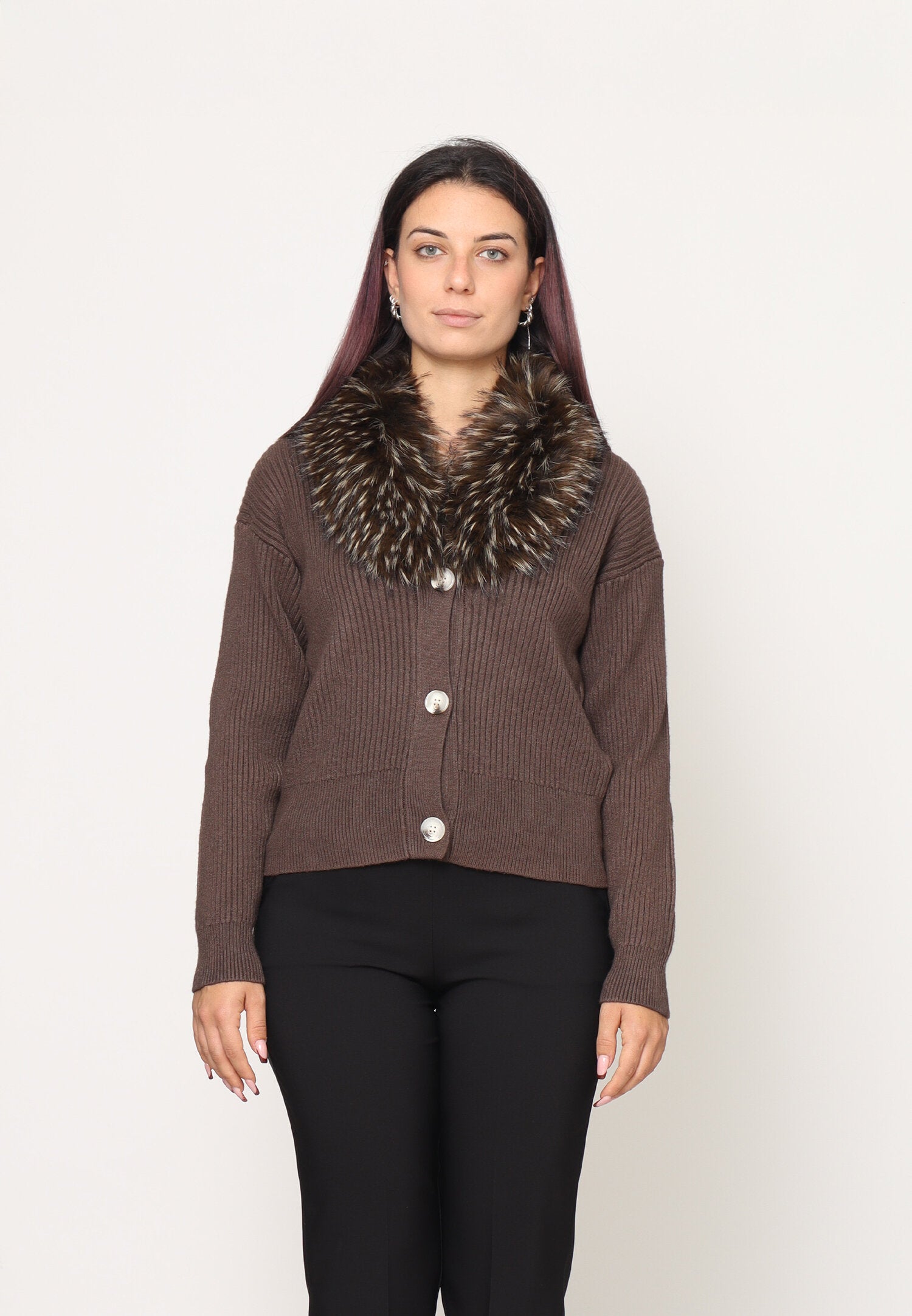 Monte Cervino Cardigan Marrone Donna Con Pelliccia Elegante AI25