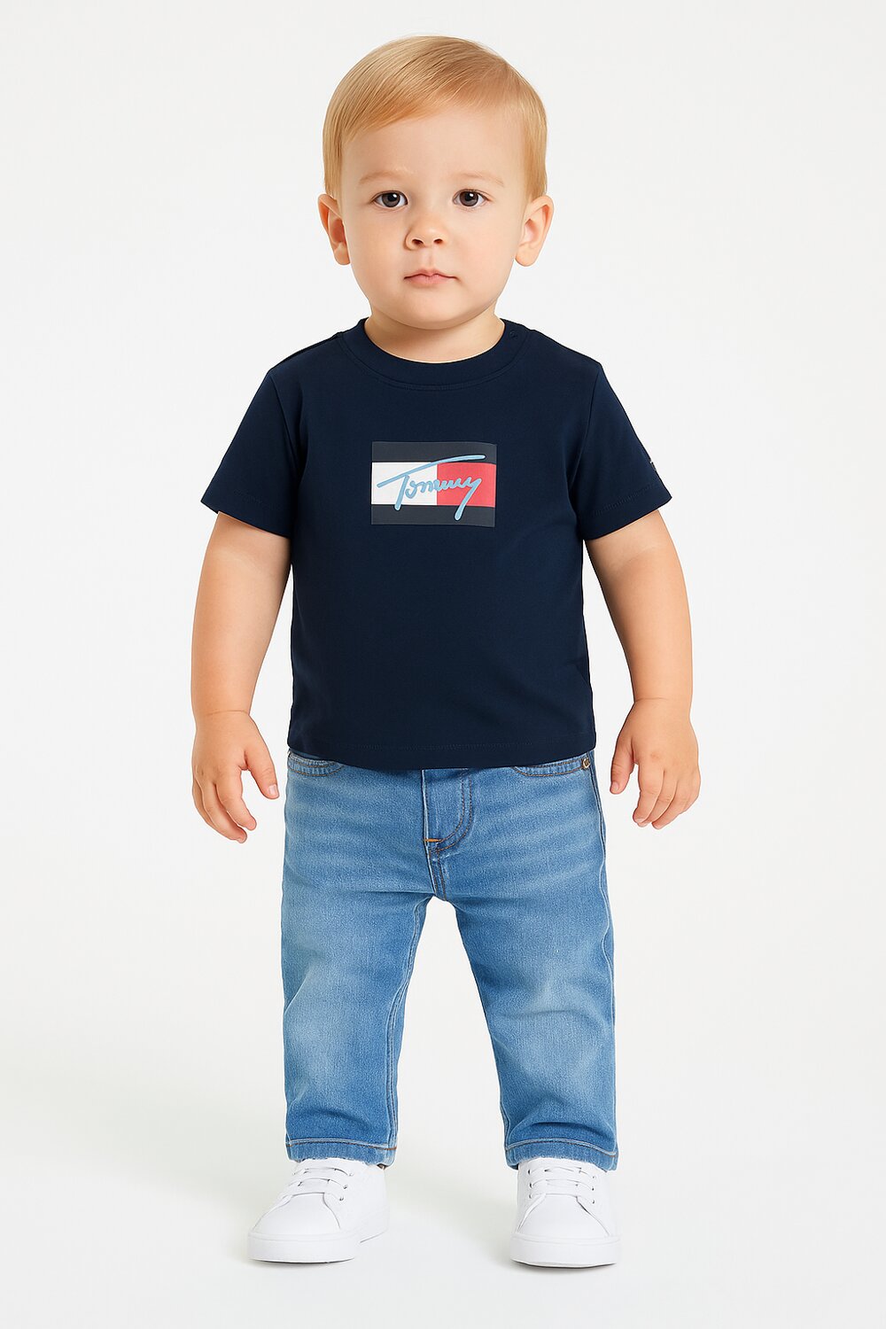 TOMMY HILFIGER – T-shirt Script Flag Neonato in Cotone – Blu Navy con Stampa