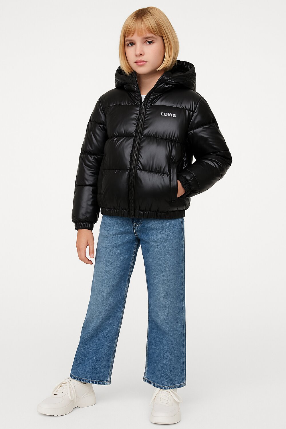 Levi’s Piumino Bambina Shiny con Cappuccio e Logo – Nero