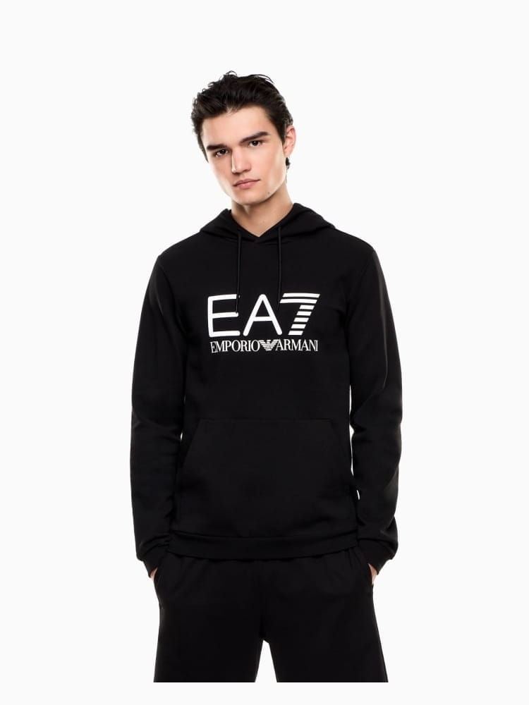 Emporio Armani felpa core identity in cotone nero con cappuccio e maxi logo