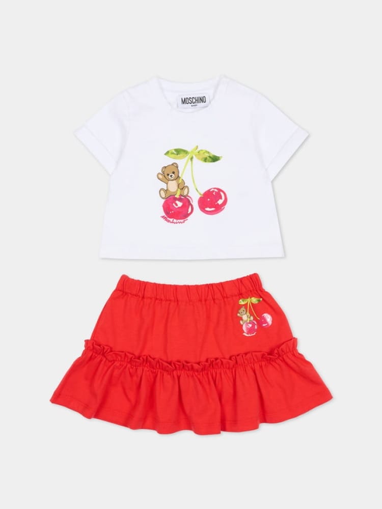 Moschino set t-shirt e gonna infant in cotone bianco e rosso con logo teddy Bambina