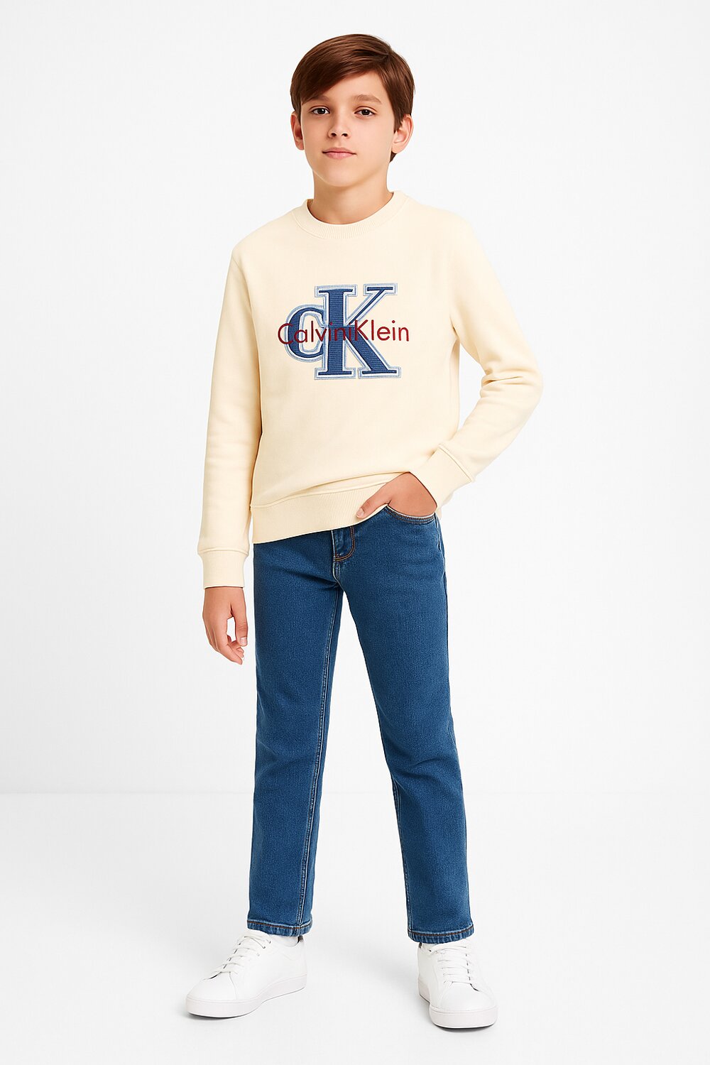 Calvin Klein Felpa Bambino Festive Mono Logo - Bianco Panna